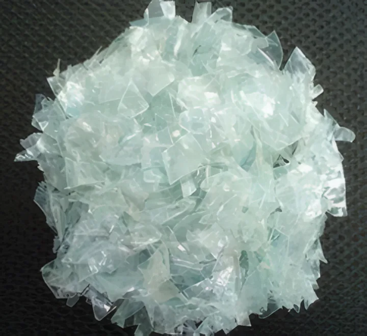 Pile of clean, clear PET bottle flakes