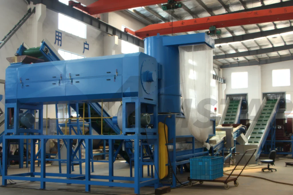 PET Bottle Washing Line – blue trommel enclosure and inclined bottle conveyors