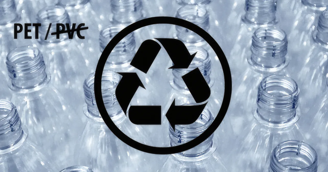 PET and PVC recycling symbol over clear plastic bottles